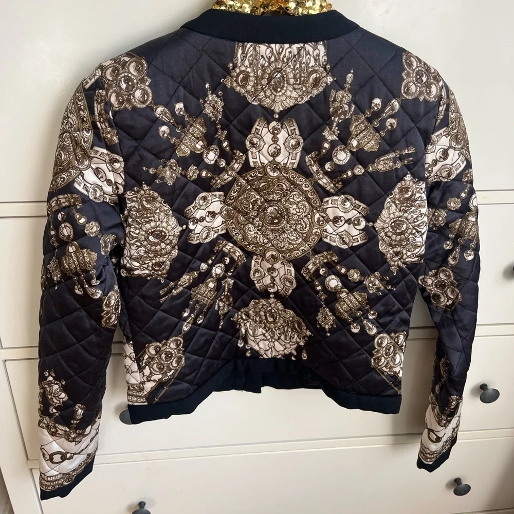 MARCHESA Voyage Notte Silk Scarf Quilted Bomber Jacket Blazer - Picture 5 of 8